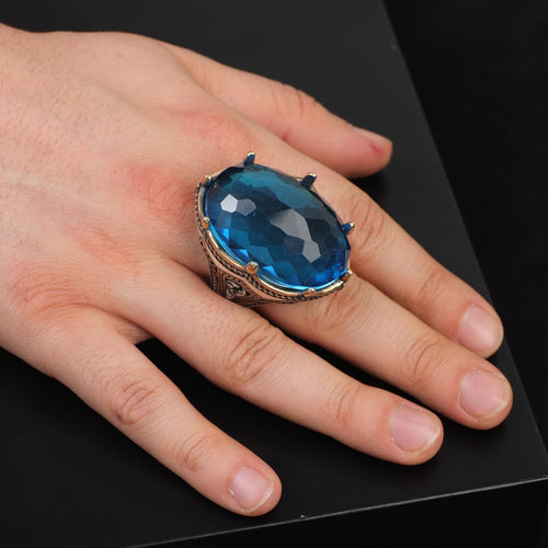 Aquamarine Ring - Large Gemstone Ring for Men