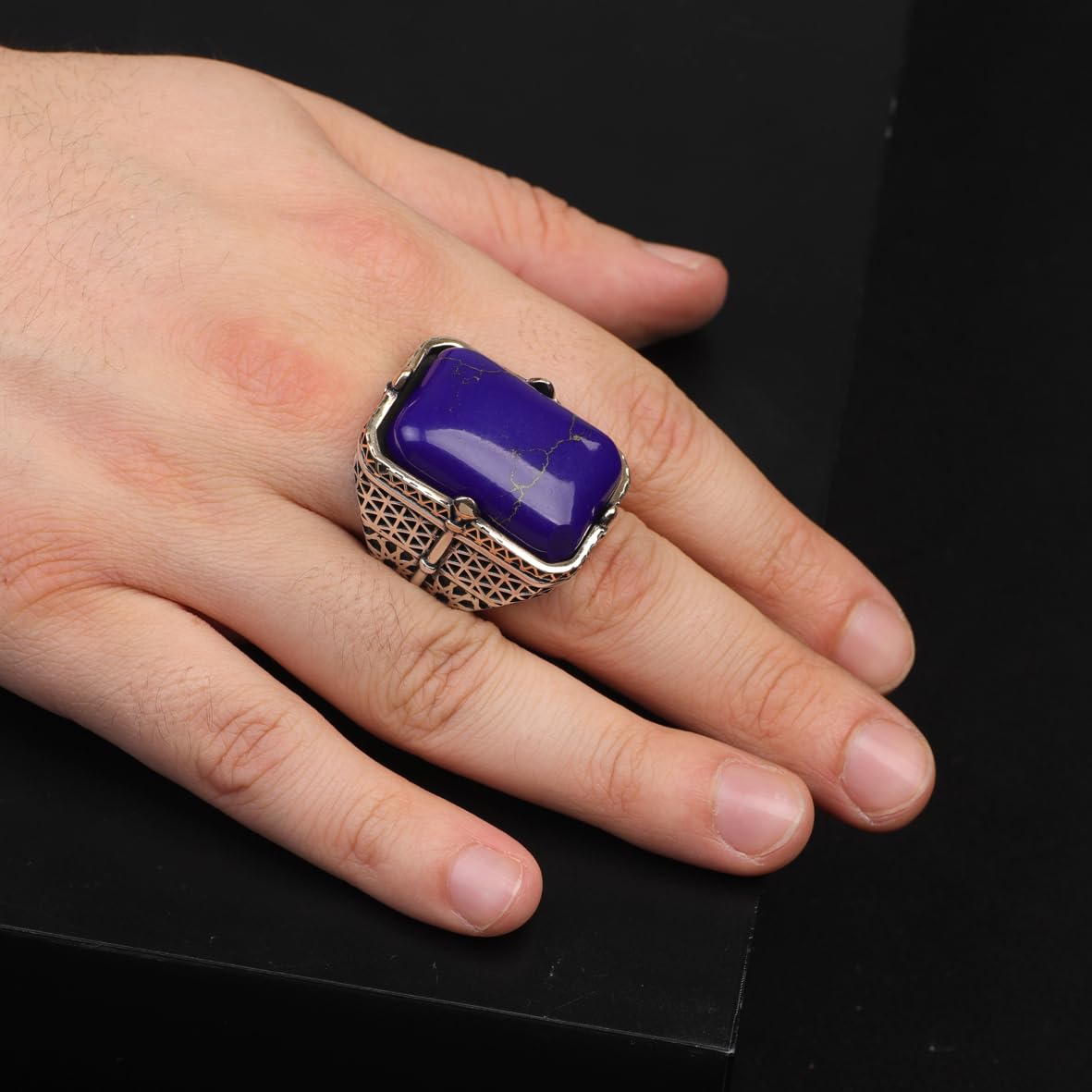 Vintage Large Lapis Lazuli Ring for Men - 925 Sterling Silver Turkish Handmade Polished Engagement Ring with Silver Polishing Cloth Gift