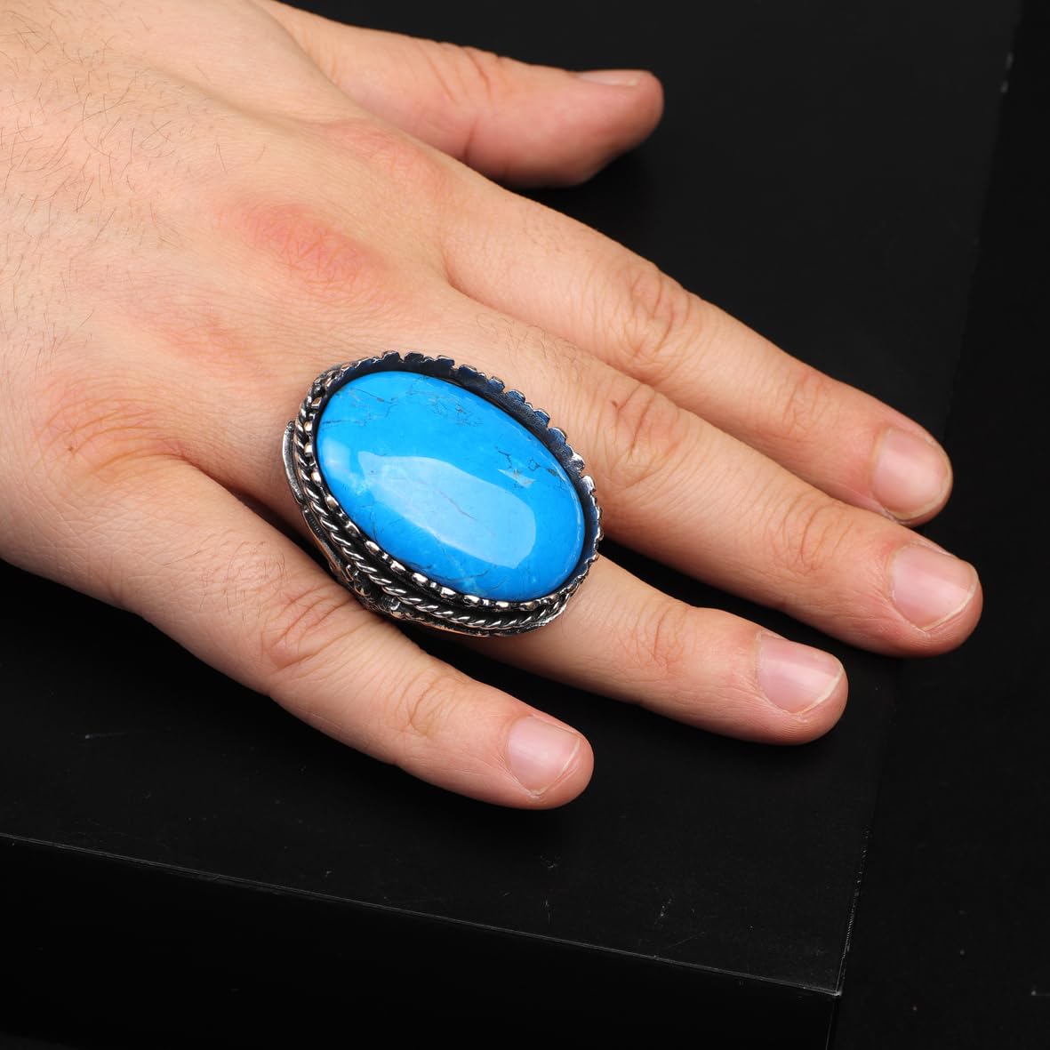 Vintage Turquoise Eagle Ring for Men - Large Oval Stone 925 Sterling Silver Turkish Handmade Polished Engagement Ring with Silver Polishing Cloth Gift