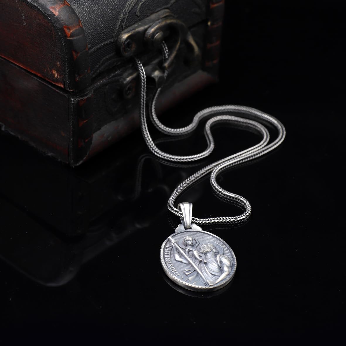 Sterling Silver Necklace for Men - Jesus Necklace with Gothic Oxidized Chain