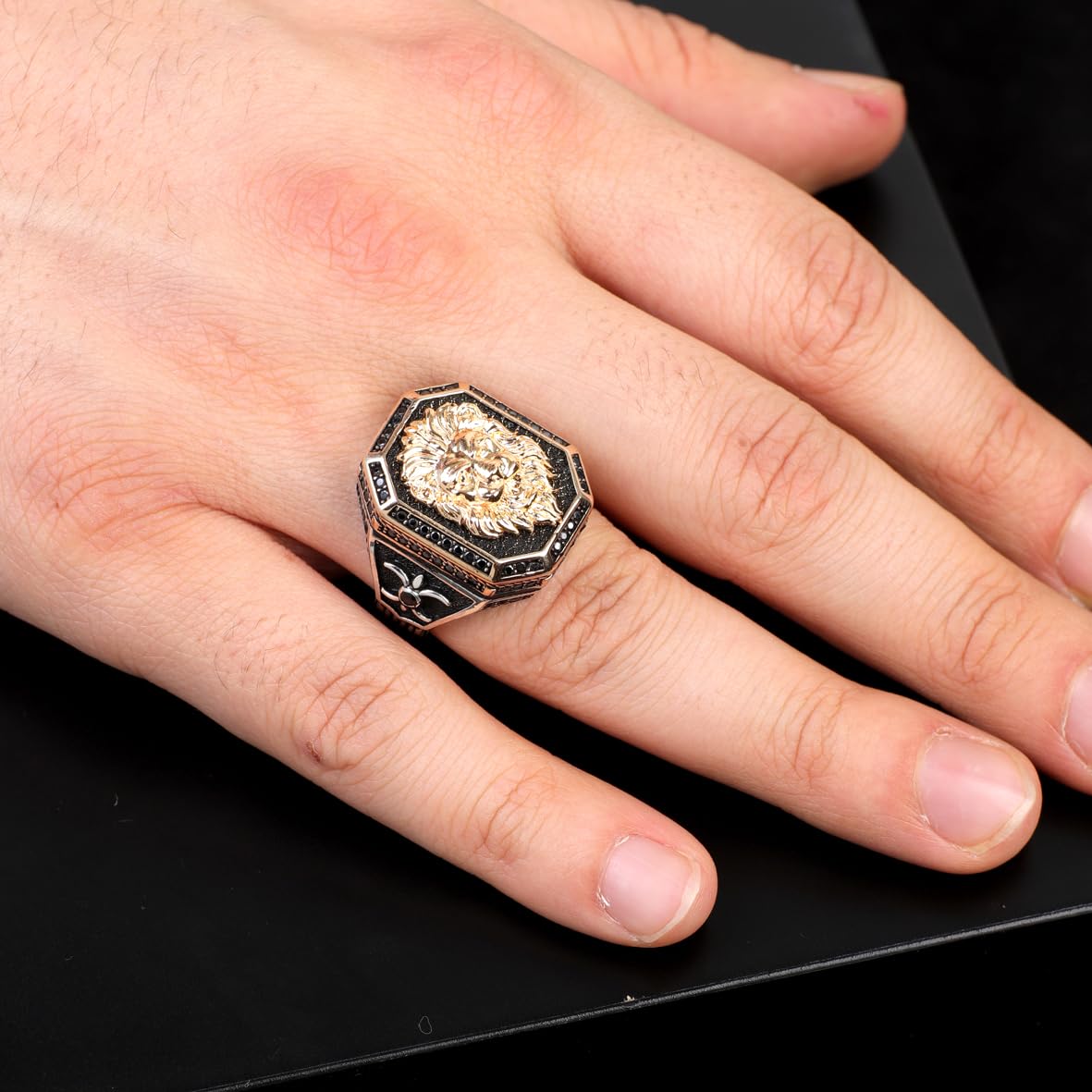 Micro Onyx Stone Lion Ring - Signet Gemstone Ring for Men Vintage Handmade 925 Sterling Silver - Comes with Silver Polishing Cloth Gift