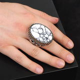 Men's White Turquoise Oval Gemstone Ring - Handmade Ottoman Style Large Sterling Silver Ring with Silver Polishing Cloth Gift — image 2