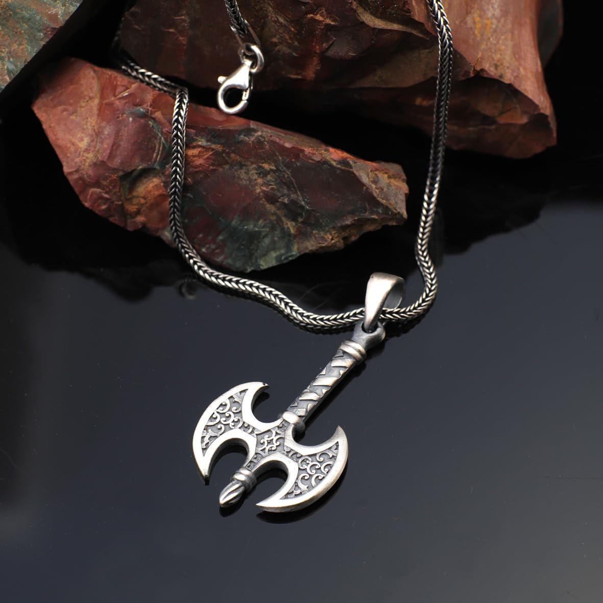 Men’s Axe Pendant Necklace - Sterling Silver Gothic Biker Necklace with Silver Chain & Free Polishing Cloth - Handcrafted Silver Necklace