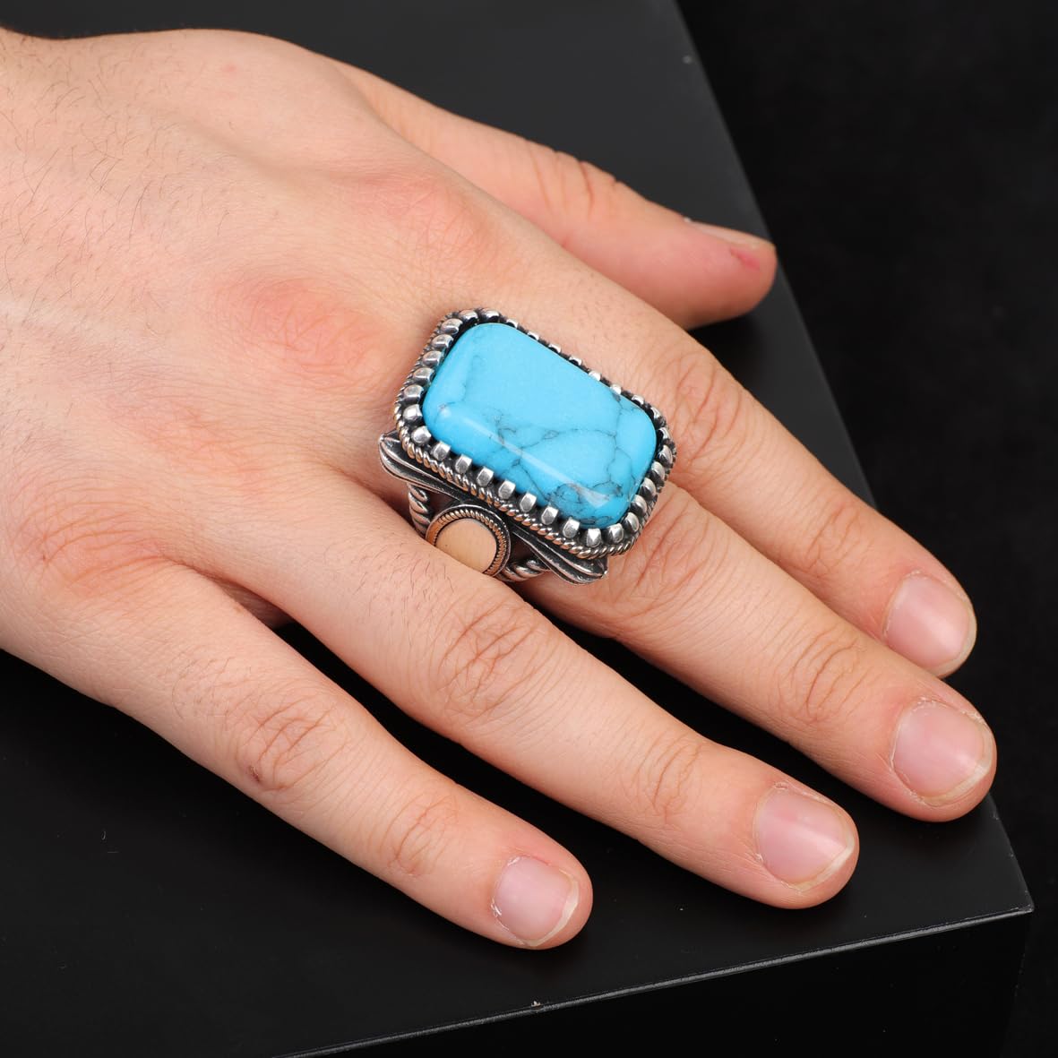 Turquoise Ring - Large Gemstone Ottoman Vintage Handmade 925 Sterling Silver Men's Ring with Silver Polishing Cloth Gift