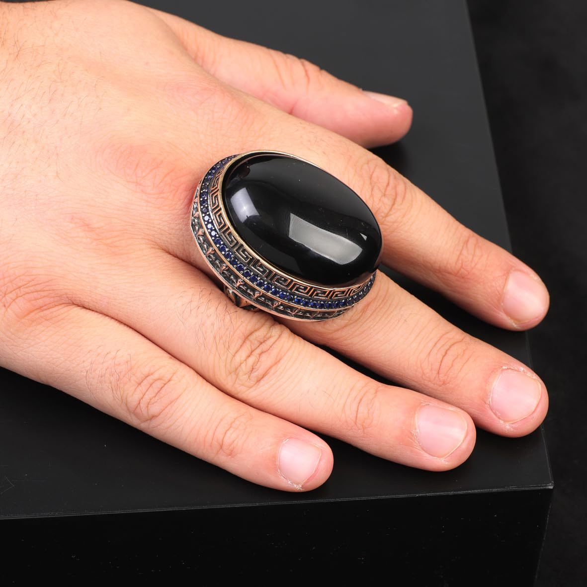 Iris Flower Model Black Onyx Ring - Chunky Silver Ring - Handmade Sterling Silver Engagement Ring for Men - Vintage Ottoman Gemstone Design with Custom Engraving