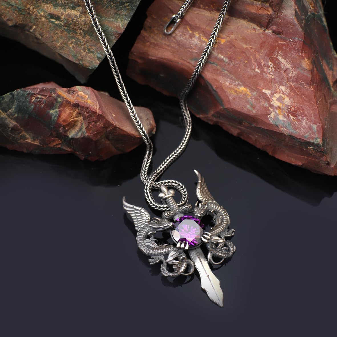 Amethyst Dragon Sword Necklace - Sterling Silver Men's Pendant with Silver Chain