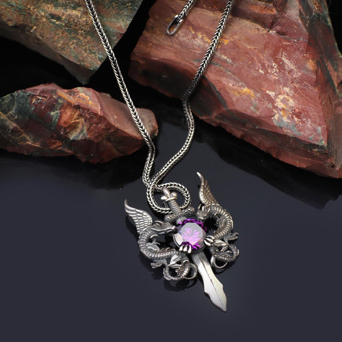 Amethyst Dragon Sword Necklace - Sterling Silver Men's Pendant with Silver Chain