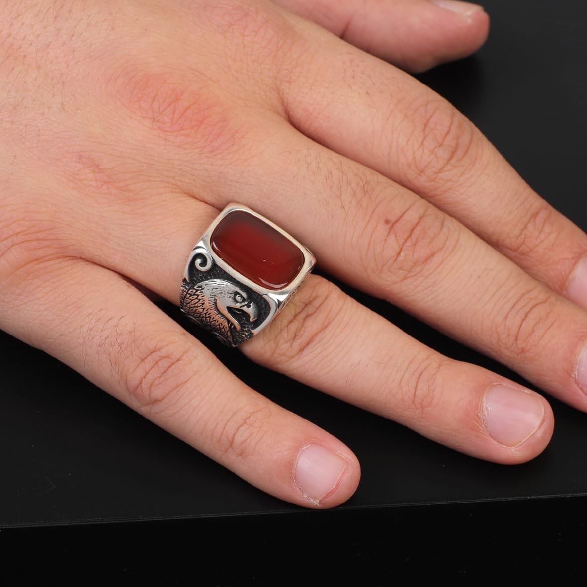 Vintage Eagle Ring with Carnelian Gemstone - Custom Engraved Sterling Silver Signet Ring