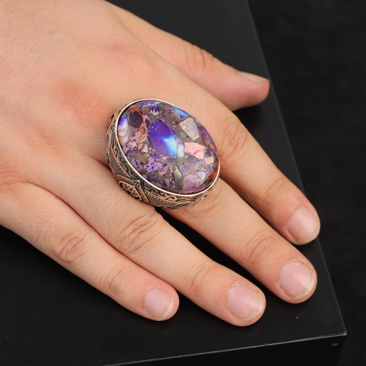 Special Turquoise Stone Ring – Large Oval Stone in Polished 925 Sterling Silver