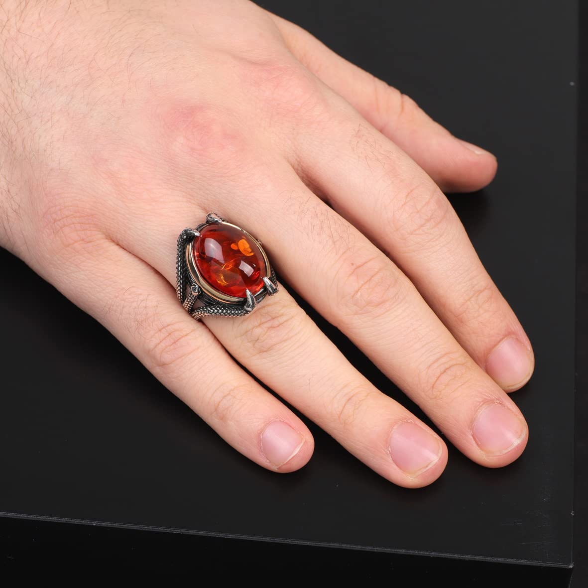 925K Sterling Silver Amber Stone Ring