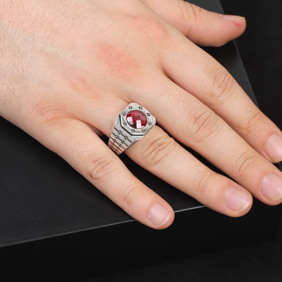 Handmade Garnet Gemstone Round Stone Watch Band Model Ring for Men Vintage 925 Sterling Silver