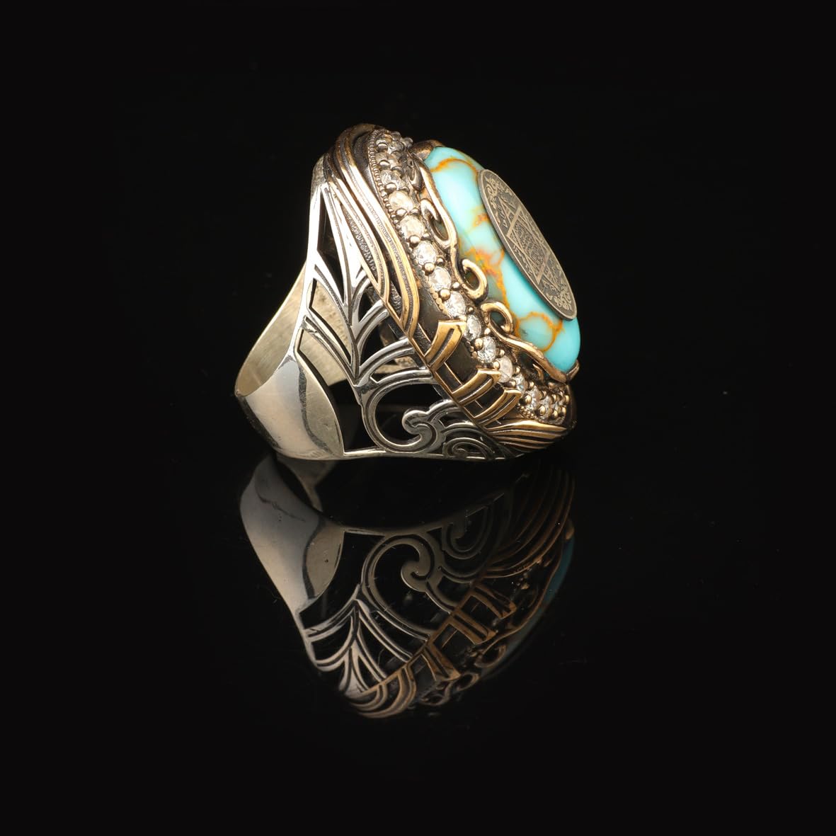Solomon's Seal Signet Ring Mens Turquoise Large Statement Whiskey Barrel Chunky Silver Ottoman Vintage 925 Sterling Promise Engagement Gemstone Gift