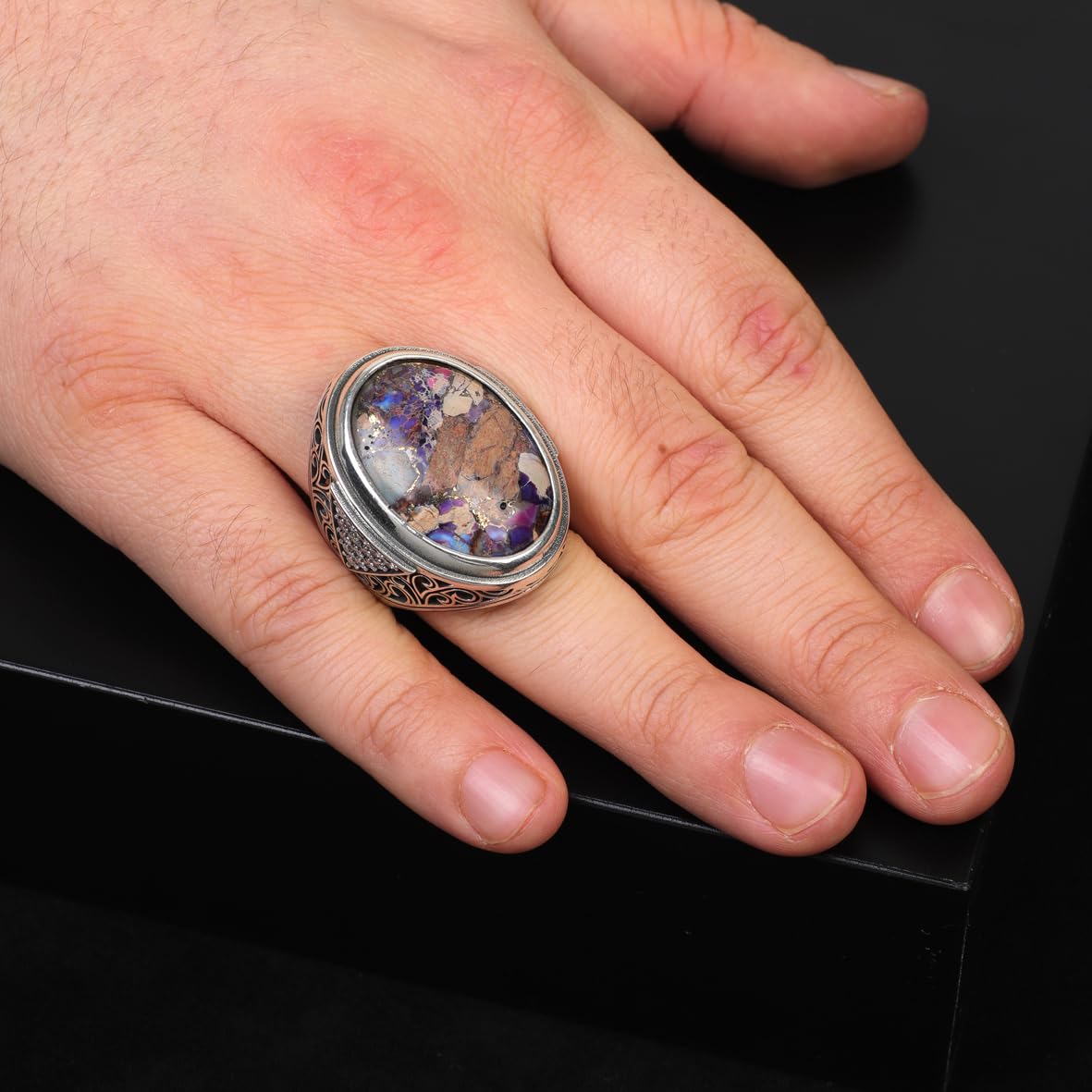 Mens Special Turquoise Ring – Chunky Silver Ottoman-Style Gemstone Ring with Micro Sapphire – Handmade Sterling Silver Engagement Ring – Custom Engraving