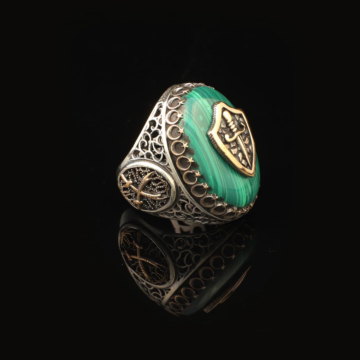 Malachite Sword Turkish Ring Large Chunky Silver Whiskey Barrel Ottoman Vintage 925 Sterling Engagement Promise Ring Gemstone Gift for Husband