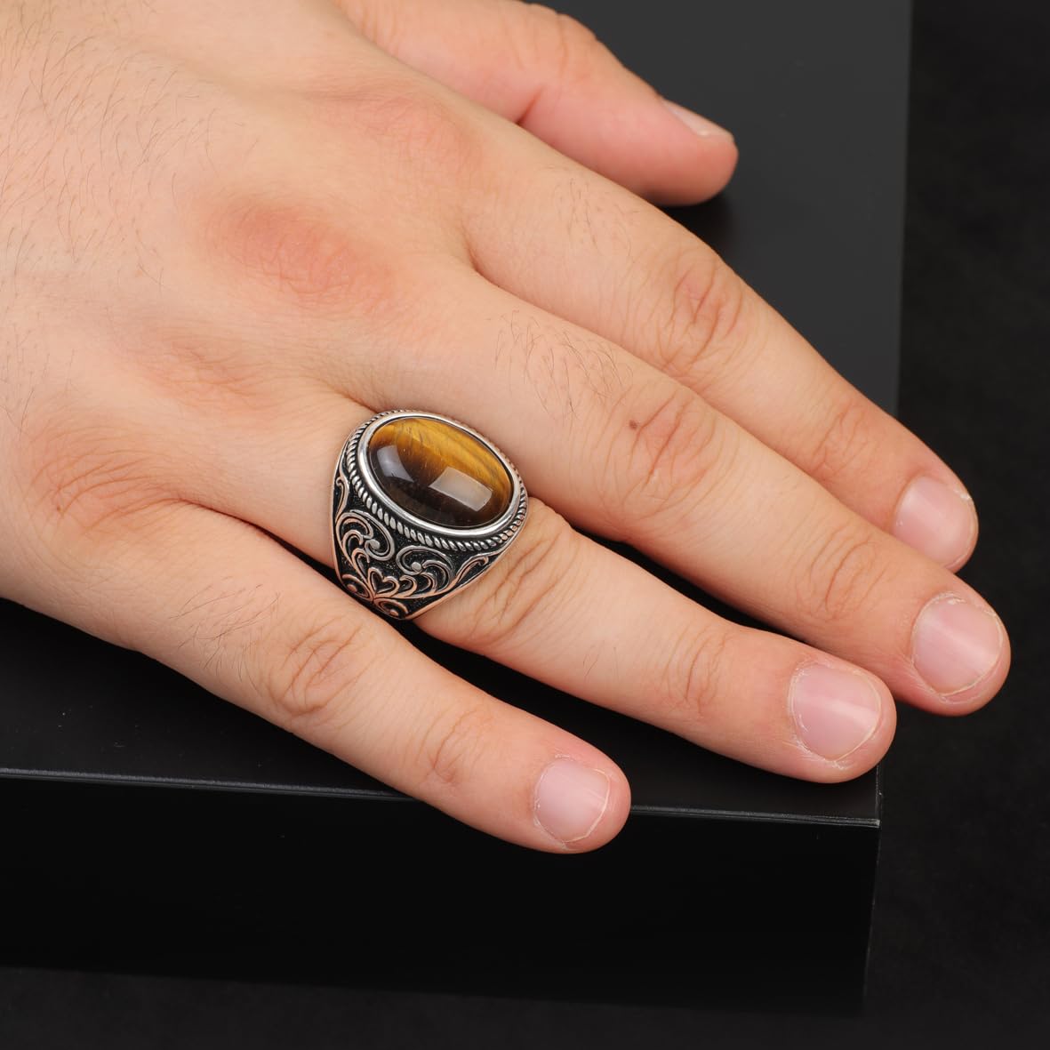 Tiger Eye Ring with Oval Gemstone – Ottoman Style Ring for Men in 925 Sterling Silver – Handmade Vintage Engagement Ring with Custom Engraving – Gift Silver Polishing Cloth