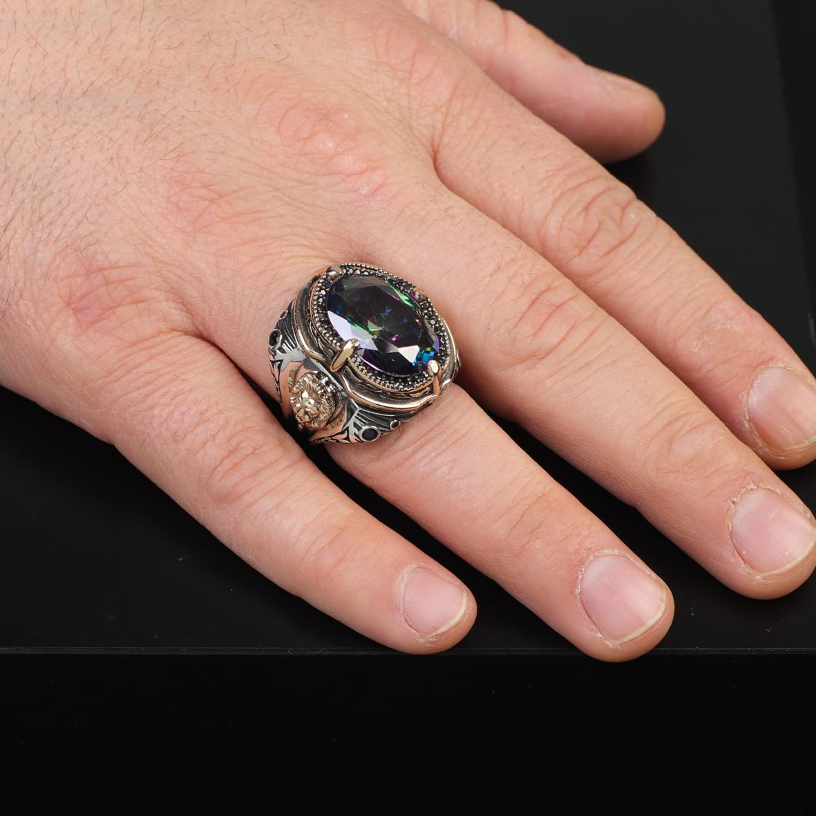 Mystical Topaz Lion Ring – Vintage Animal Gemstone Sterling Silver Engagement Ring for Men – Handmade Men's Silver Rings with Custom Engraving + Gift Silver Polishing Cloth