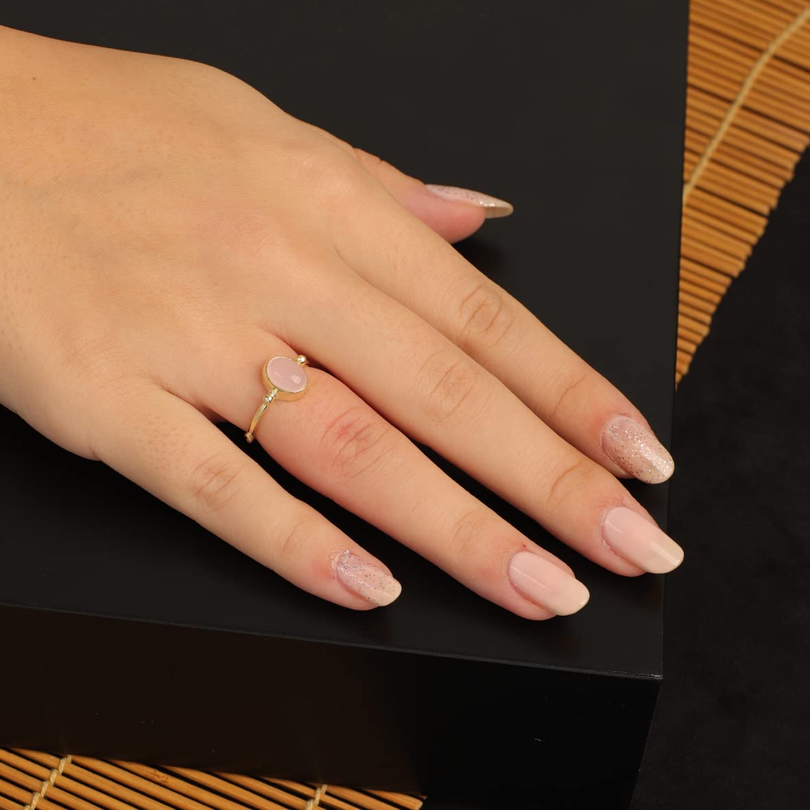 Jewellery Pit Adjustable Rose Quartz Statement Ring for Women - Handcrafted Stone Jewelry - Women's Middle Finger Adjustable Rose Quartz Ring