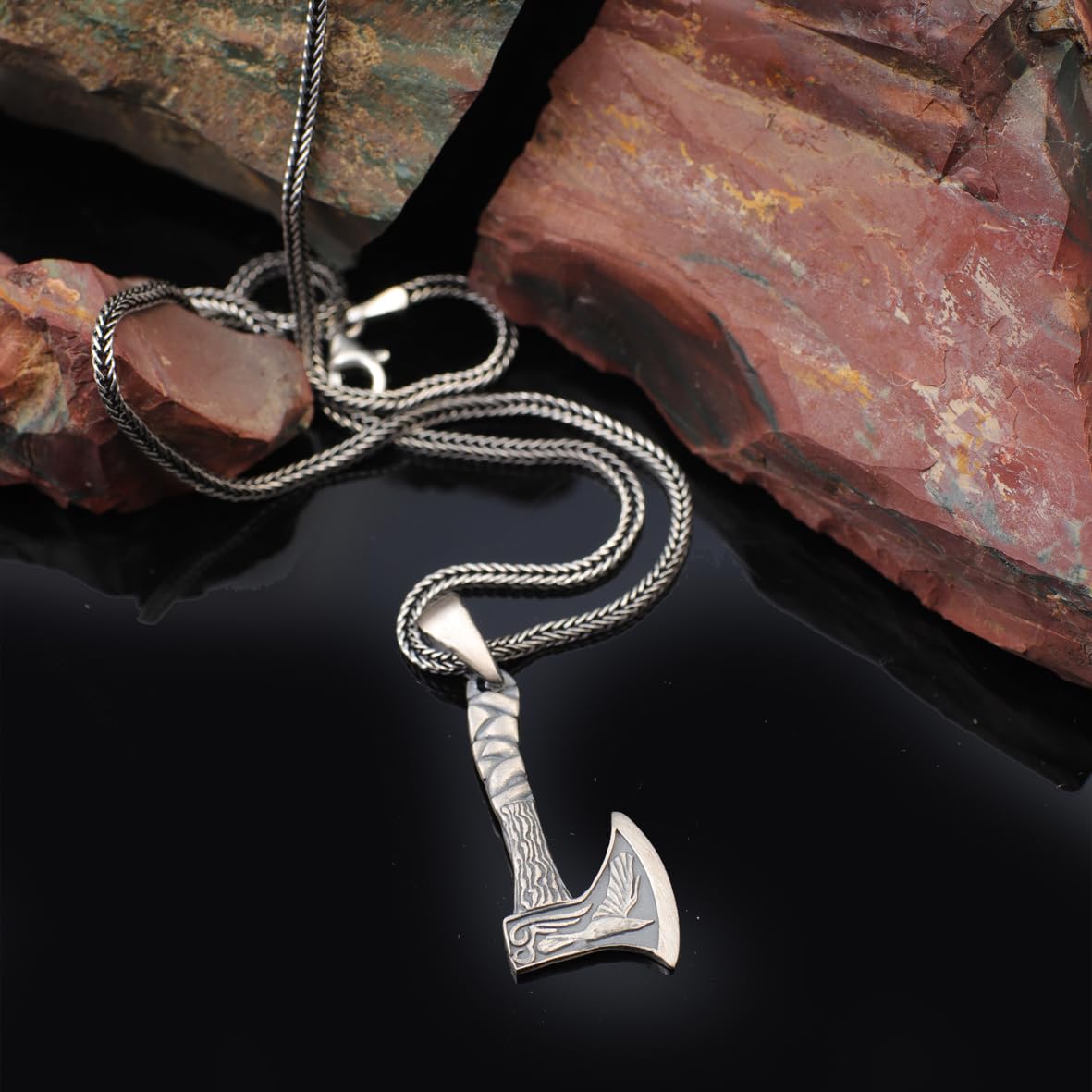 Sterling Silver Axe & Bird Necklace – Gothic Polished Pendant
