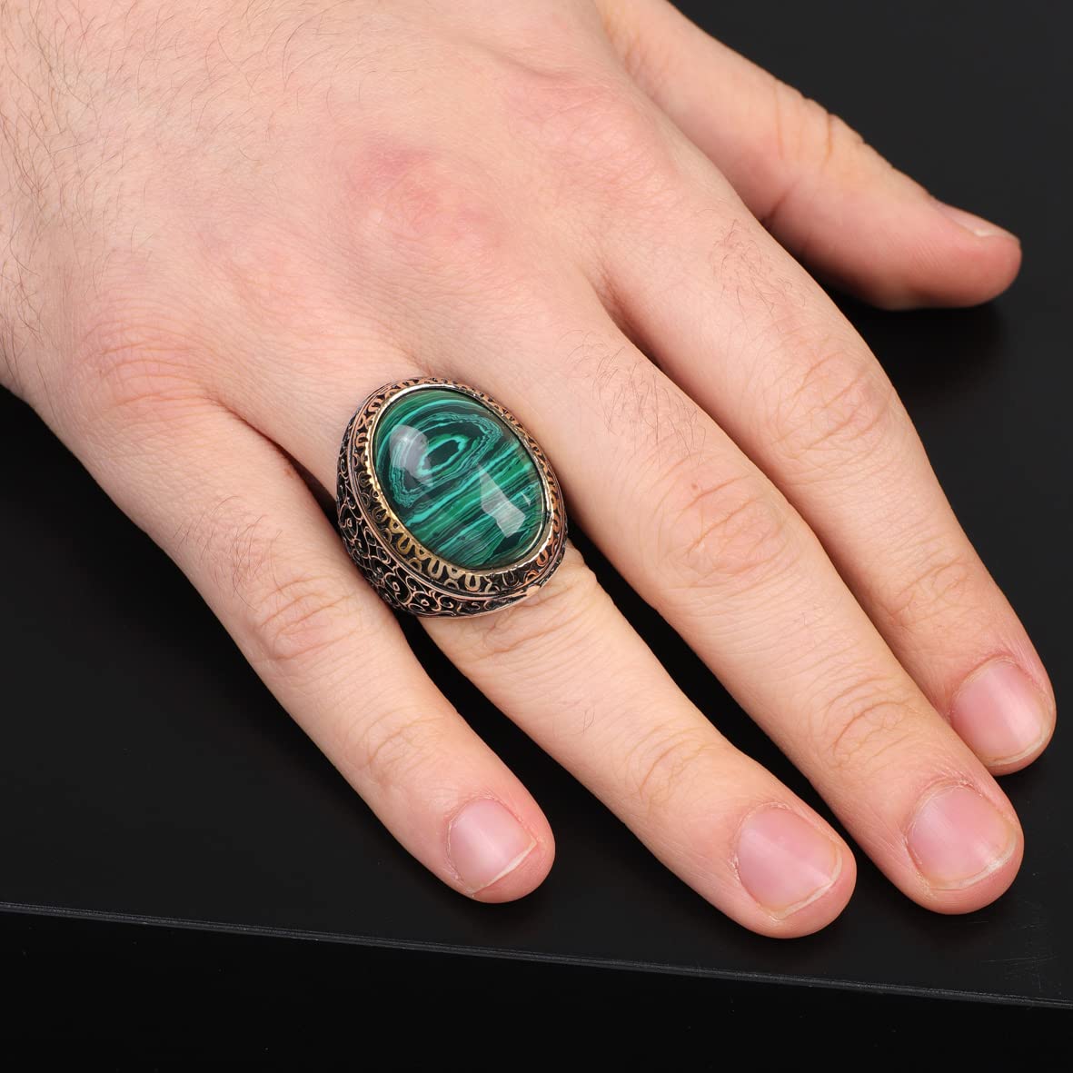 925K Sterling Silver Malachite Ring Men
