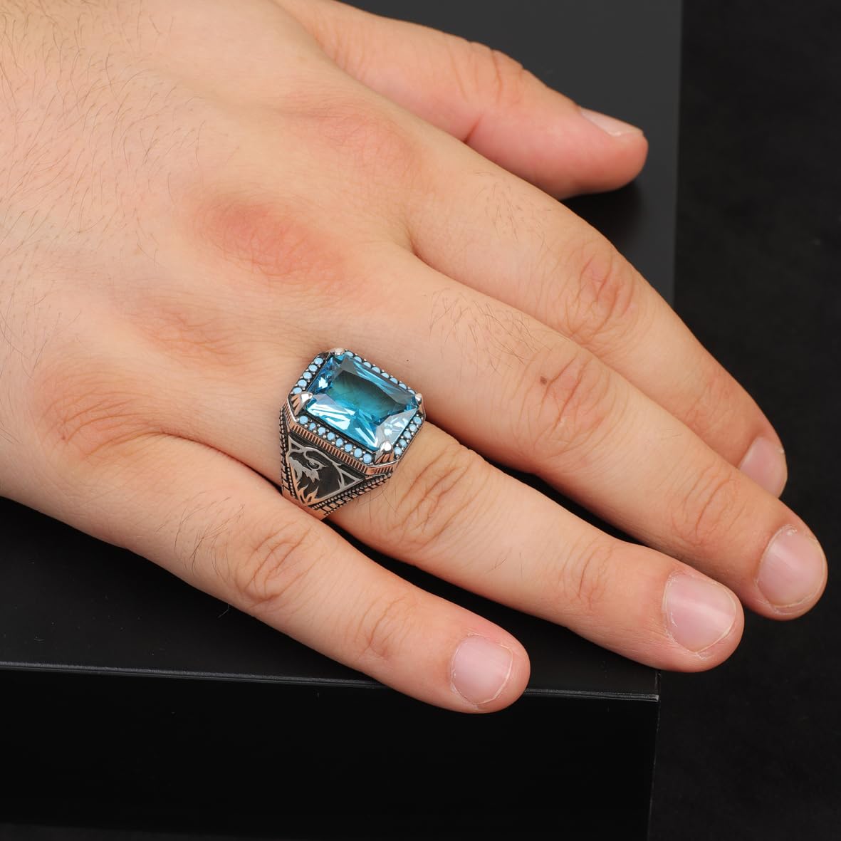 Vintage Aquamarine Eagle Signet Ring for Men – Handmade Sterling Silver Gemstone Engagement Ring with Custom Engraving & Gift Silver Polishing Cloth
