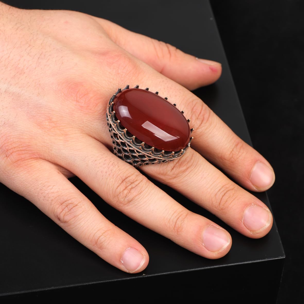 Handmade Carnelian Ring with Oval Stone - Large Gemstone Ring for Men Vintage Ottoman Style - 925 Sterling Silver Rings
