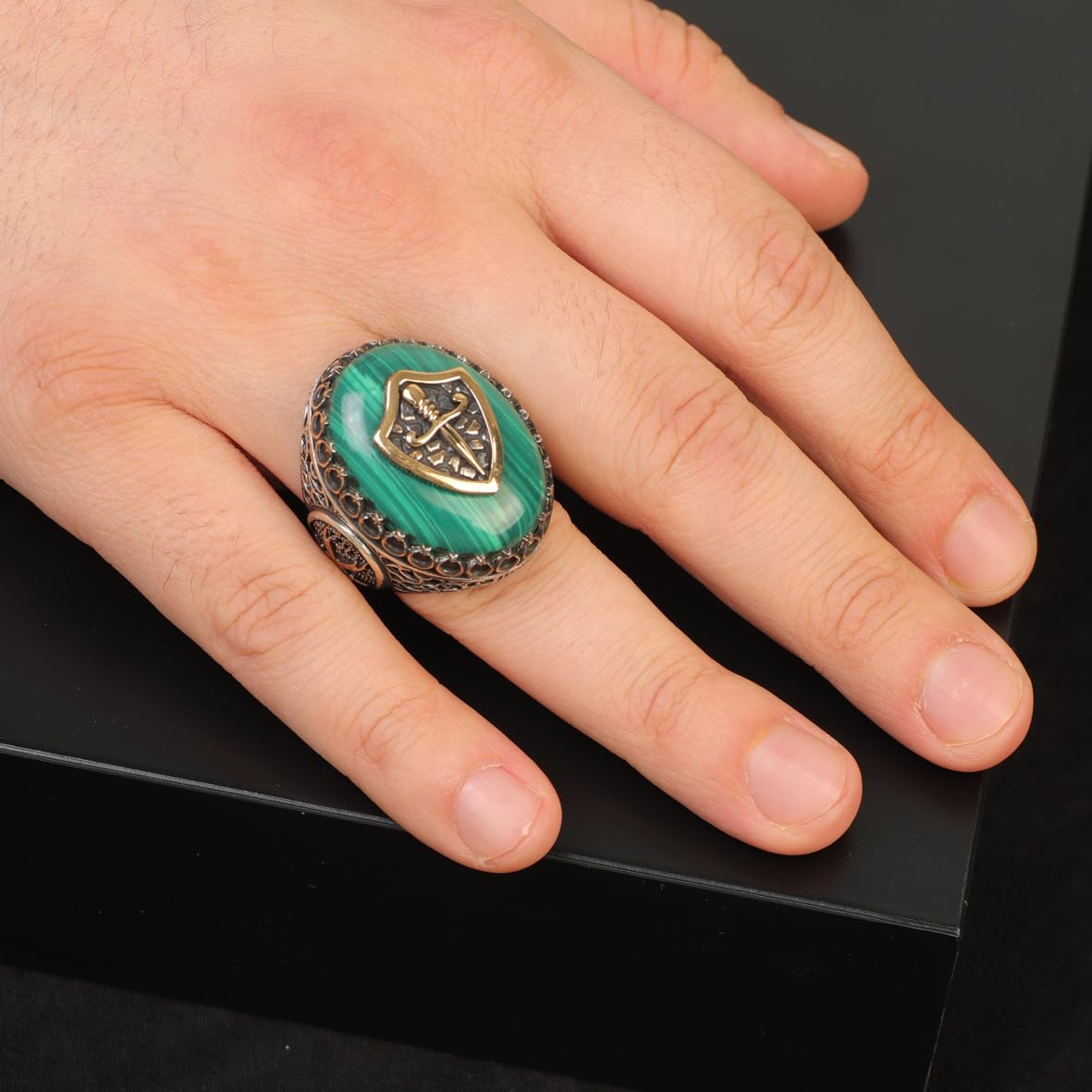 Malachite Sword Turkish Ring Large Chunky Silver Whiskey Barrel Ottoman Vintage 925 Sterling Engagement Promise Ring Gemstone Gift for Husband