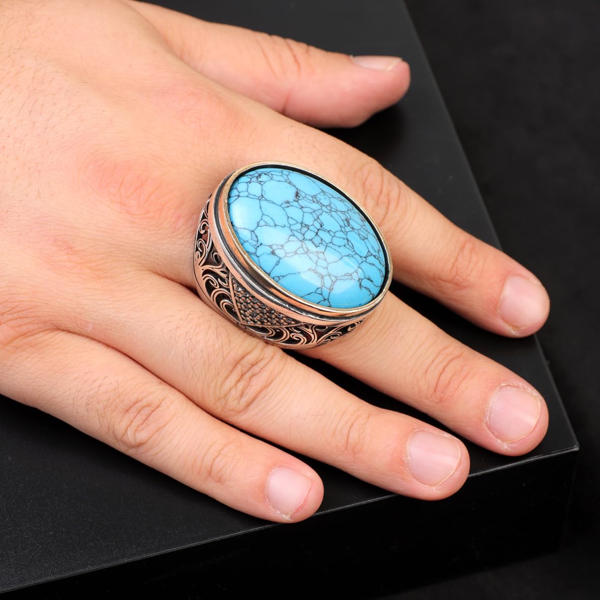 Handmade Chunky Sterling Silver Ring for Men with Turquoise and Micro Sapphire – Ottoman Style Vintage Engagement Ring