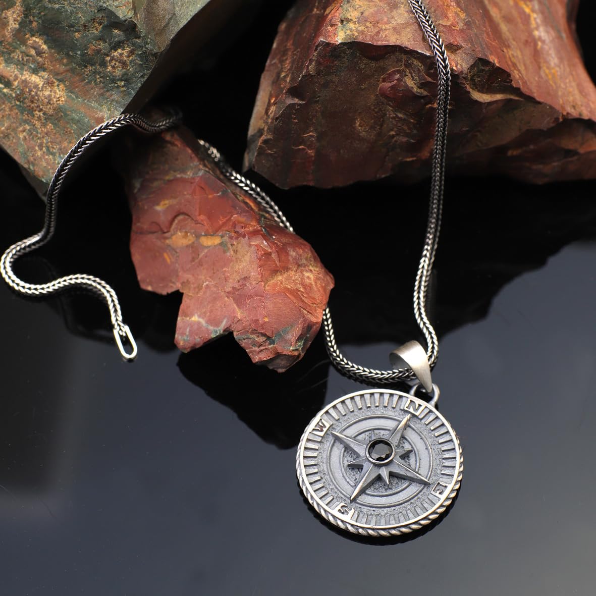 Men's Compass Pendant Necklace - Onyx and Sterling Silver Gothic Biker Necklace with Silver Chain & Polishing Cloth