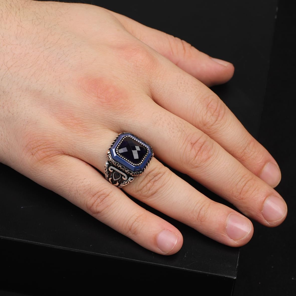 Vintage Blue Sapphire Ring - Handmade Men's Gemstone Ring in 925 Sterling Silver - Polished Turkish Engagement Ring with Silver Polishing Cloth Gift
