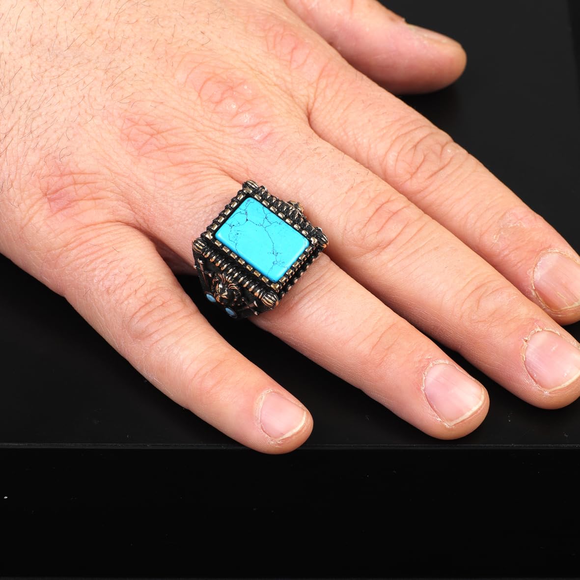 Mens Turquoise Lion Ring – Sword Animal Signet Gemstone in Sterling Silver