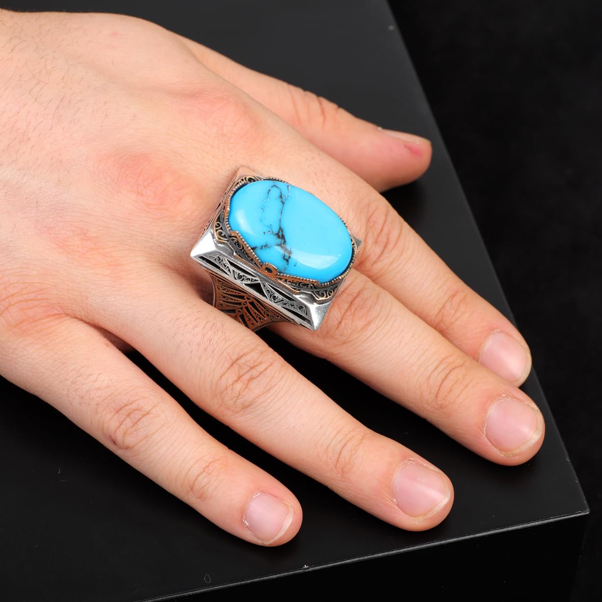 Handmade Turquoise Large Ring with Oval Stone - Vintage Ottoman Men's 925 Sterling Silver Gemstone Ring - Silver Polishing Cloth Gift