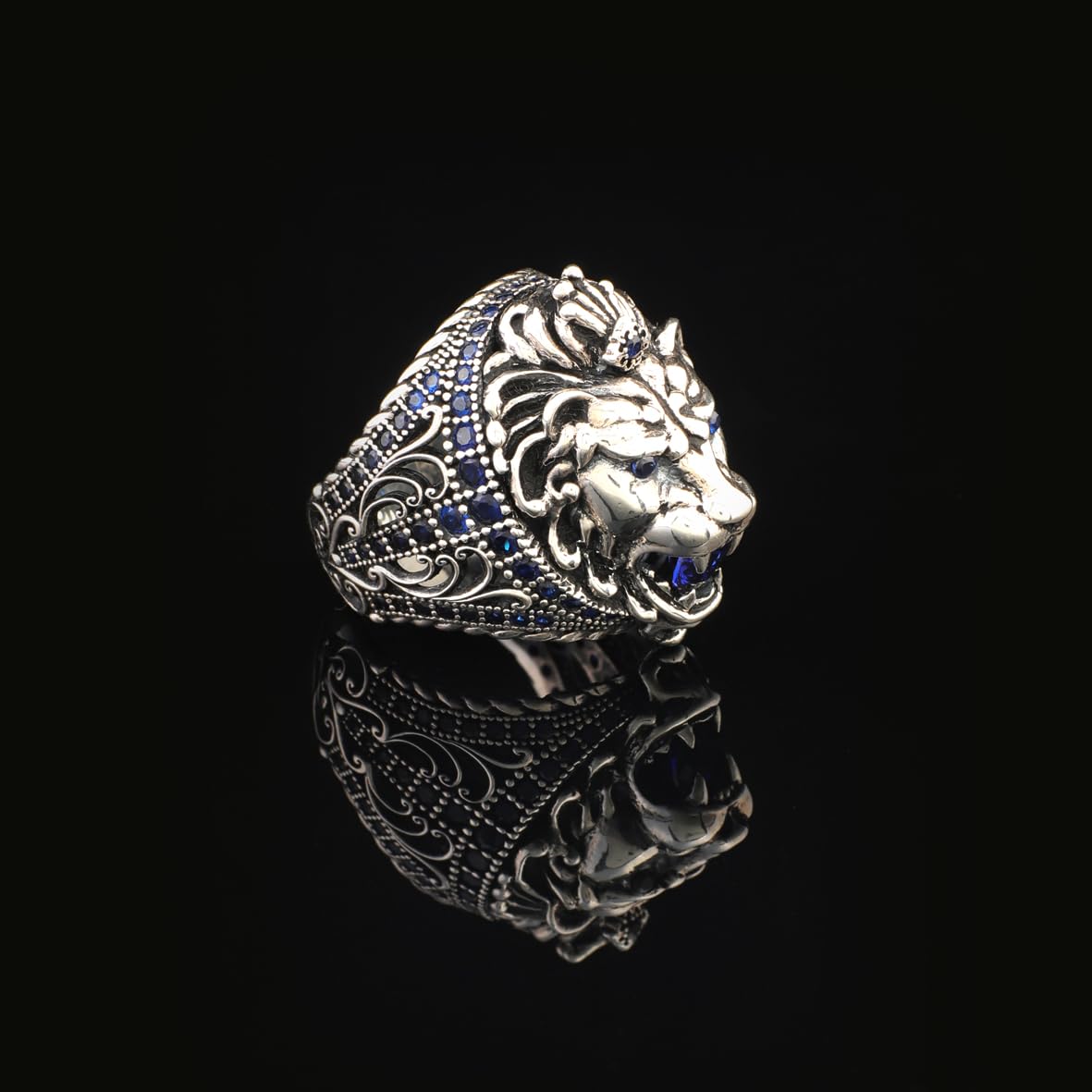 Handmade Sapphire Lion Pinky Ring - Vintage Ottoman Style Sterling Silver Animal Engagement Ring for Men with Gemstone & Custom Engraving