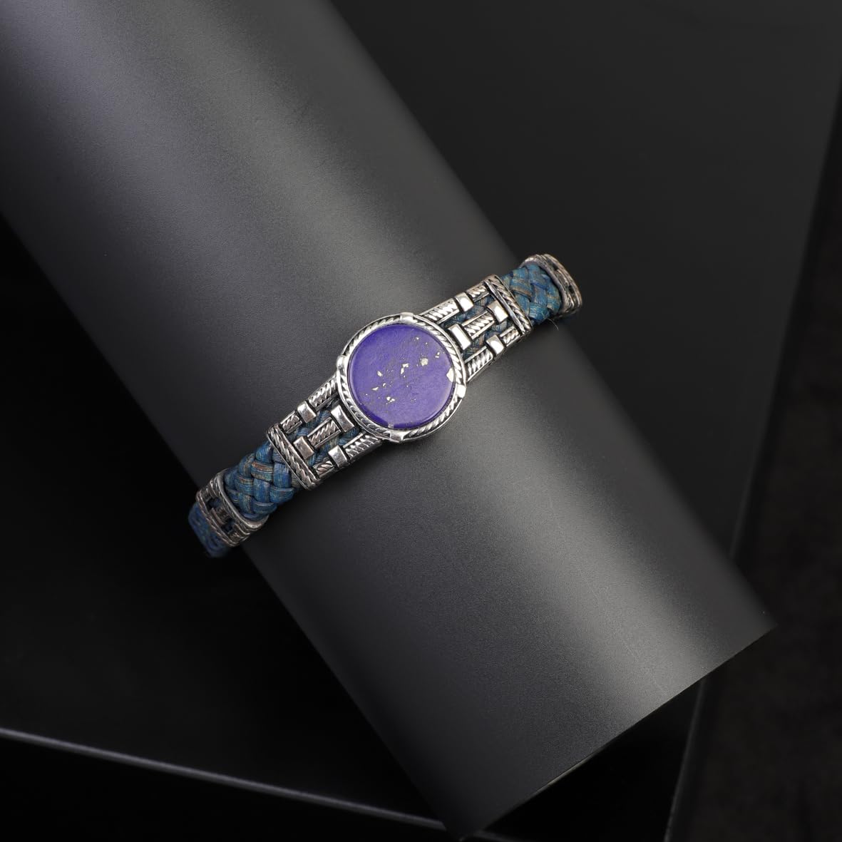 Handmade Men Leather Bracelet – Sterling Silver Bracelet with Natural Lapis Lazuli Stone – Vintage Style