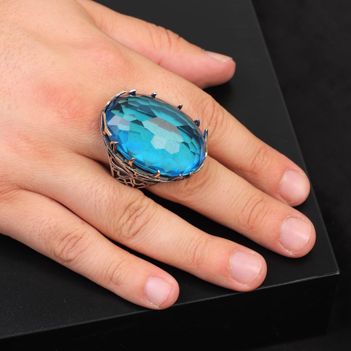 Chunky Silver Aquamarine Ring – Handmade Ottoman Engagement Ring for Men