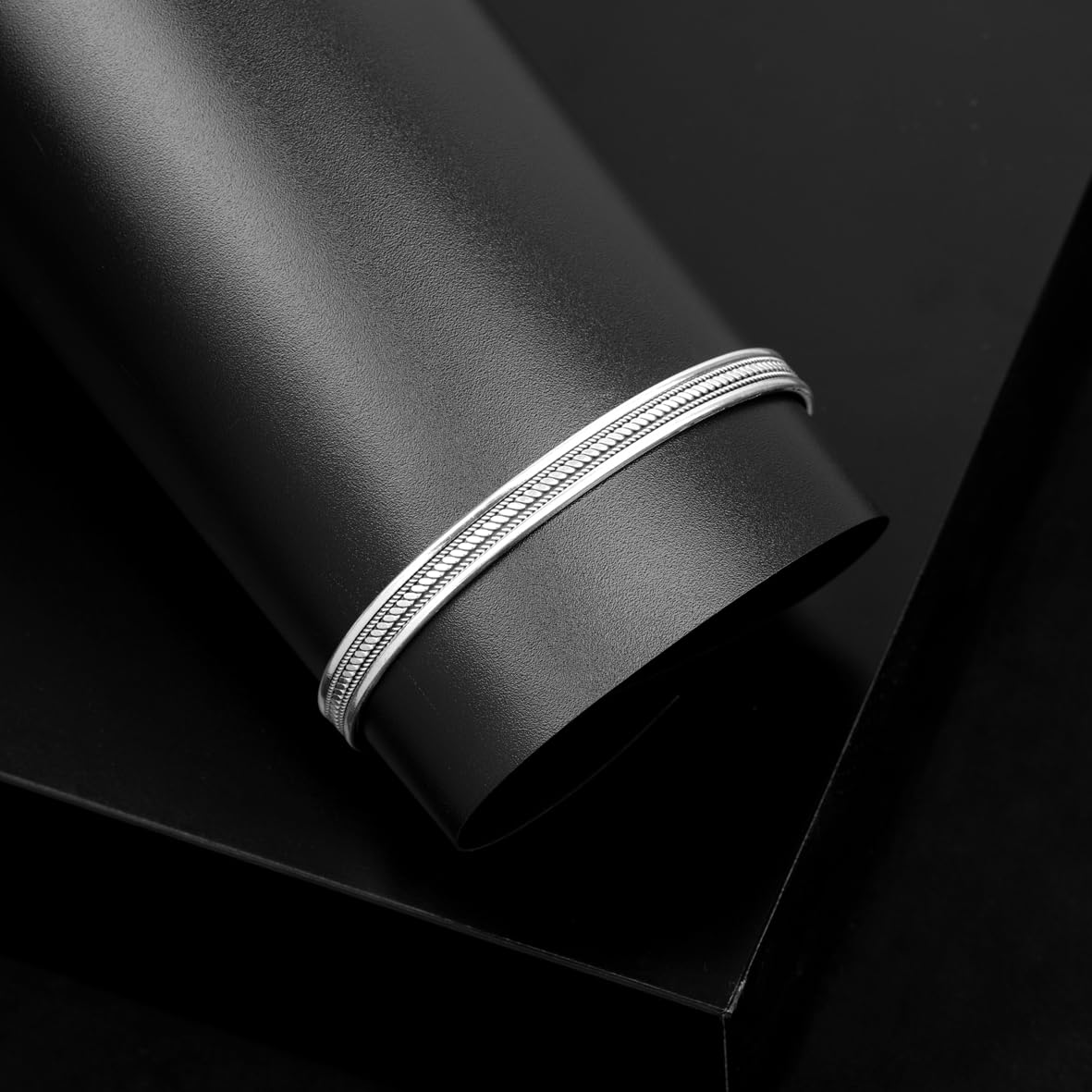 Men Thick Silver Band Bracelet – Handmade Sterling Silver Cuff Bracelet with Embroidered Design