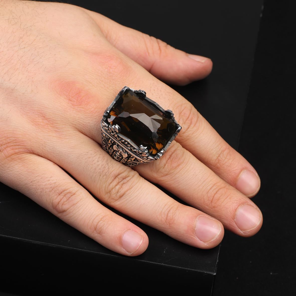 Vintage Large Citrine Ax Ring for Men - 925 Sterling Silver Turkish Handmade Polished Engagement Ring with Silver Polishing Cloth Gift