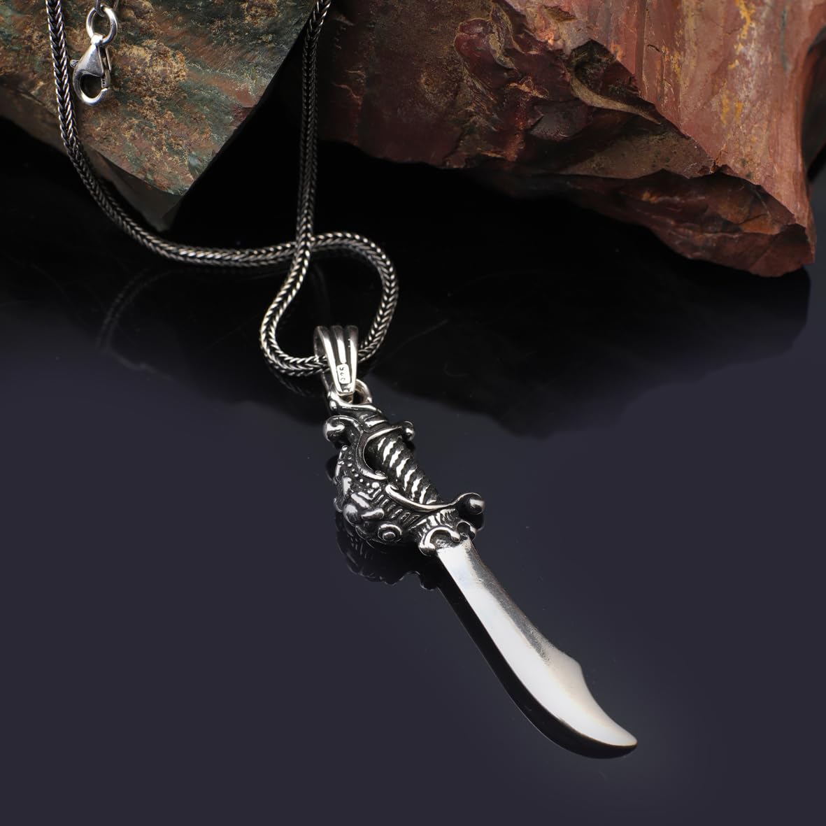 Sterling Silver Sword Necklace – Gothic Mens Pendant on Silver Chain – Biker Necklace with Silver Cleaning Cloth Gift