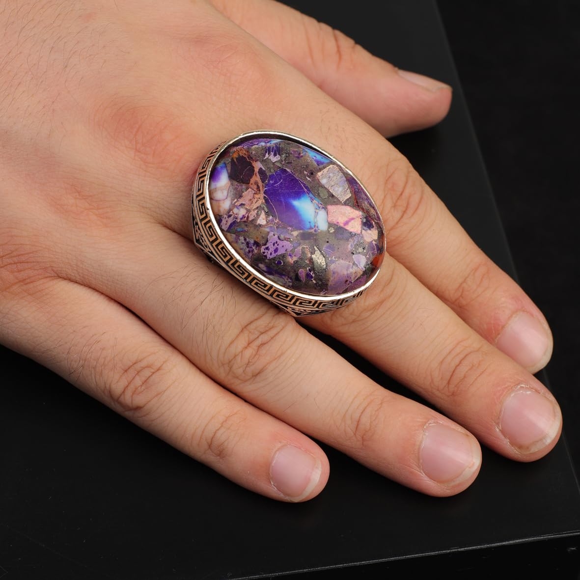 Special Turquoise Stone Ring – Large Oval Stone in Polished 925 Sterling Silver