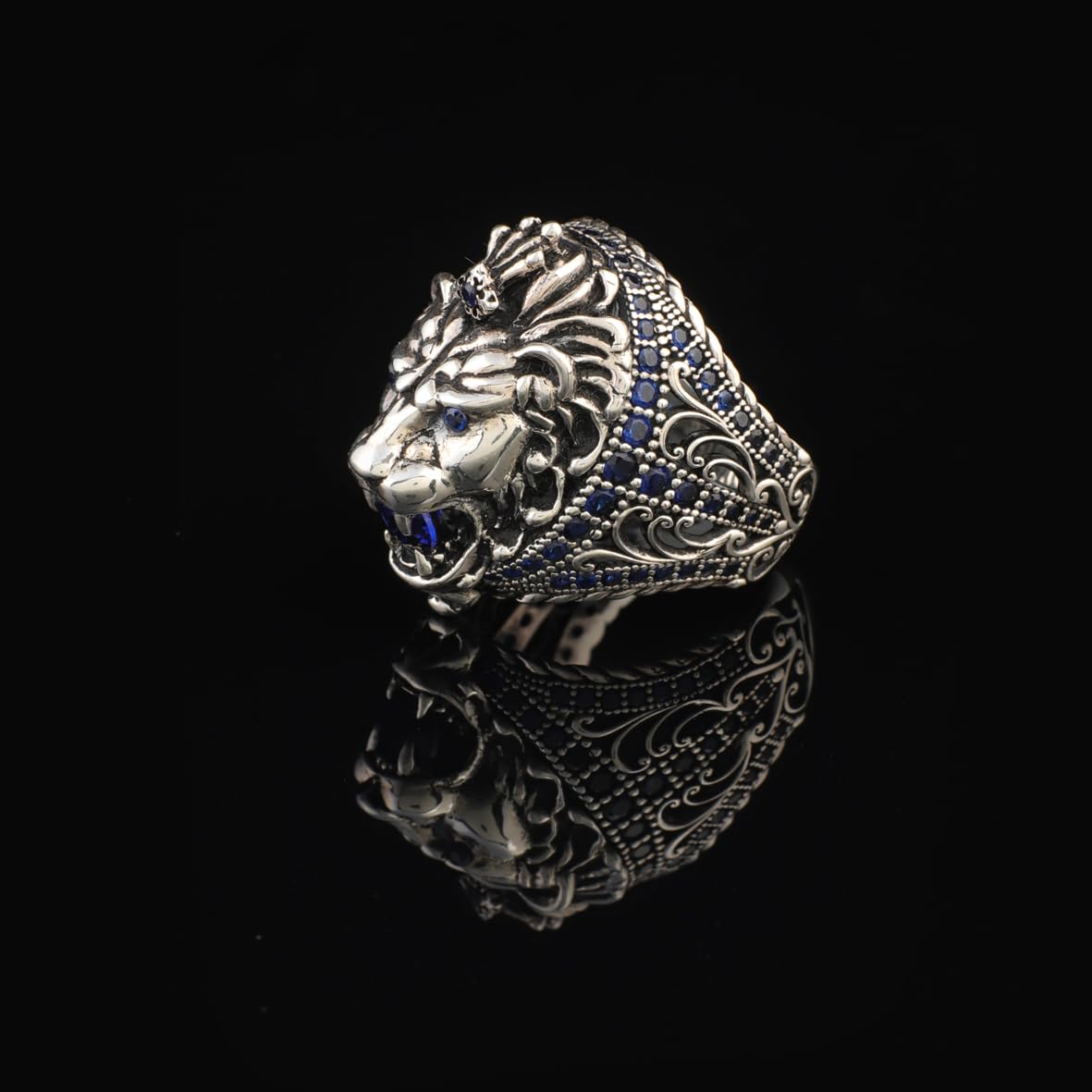 Handmade Sapphire Lion Pinky Ring - Vintage Ottoman Style Sterling Silver Animal Engagement Ring for Men with Gemstone & Custom Engraving