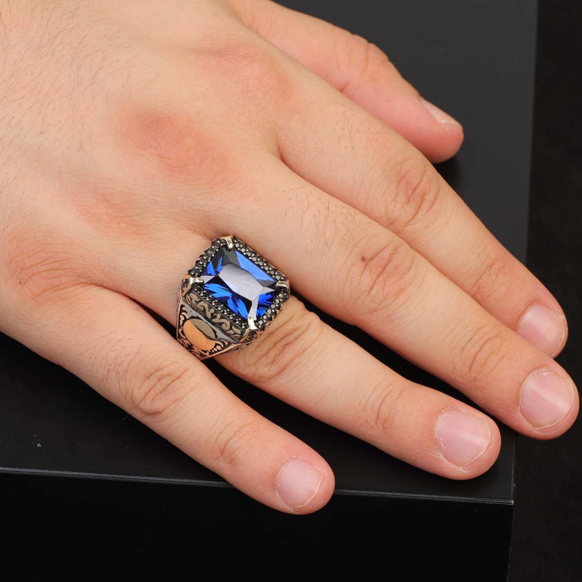 Handmade Mens Sterling Silver Sapphire Ring – Ottoman Vintage Gemstone Engagement Ring with Custom Engraving & Gift Silver Polishing Cloth