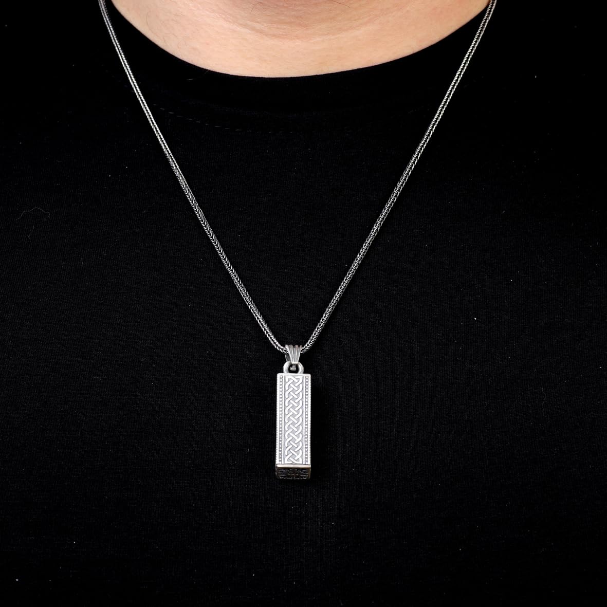Sterling Silver Prayer Box Necklace – Polished Oil Pendant Necklace – Mens Chain & Pendant – Silver Necklace with Silver Chain