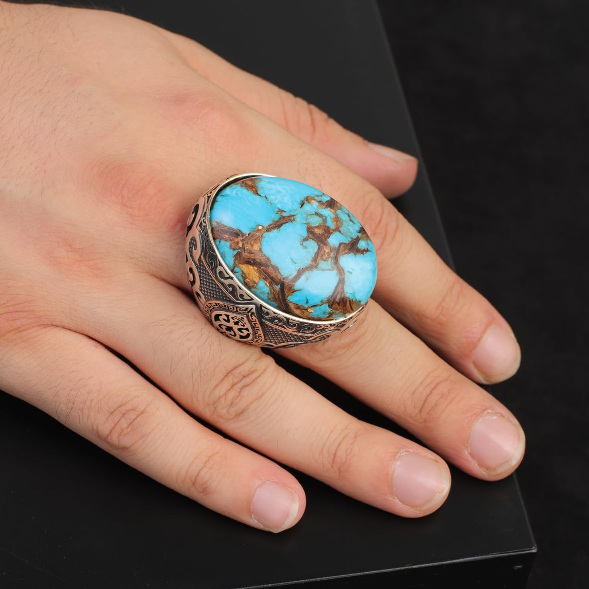 Vintage Genuine Turquoise Men's Ring - Large Oval Stone in 925 Sterling Silver