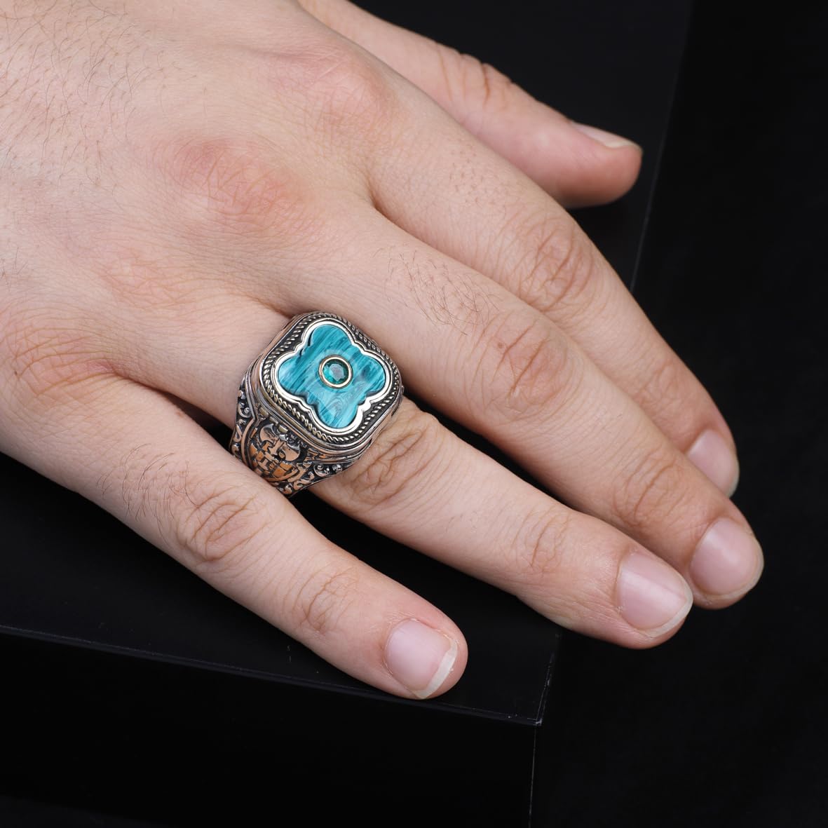 Handmade Vintage Malachite Ax Ring - 925 Sterling Silver Men's Ring with Micro Jade Gemstone - 925 Sterling Silver Rings for Men - Birthday Gifts