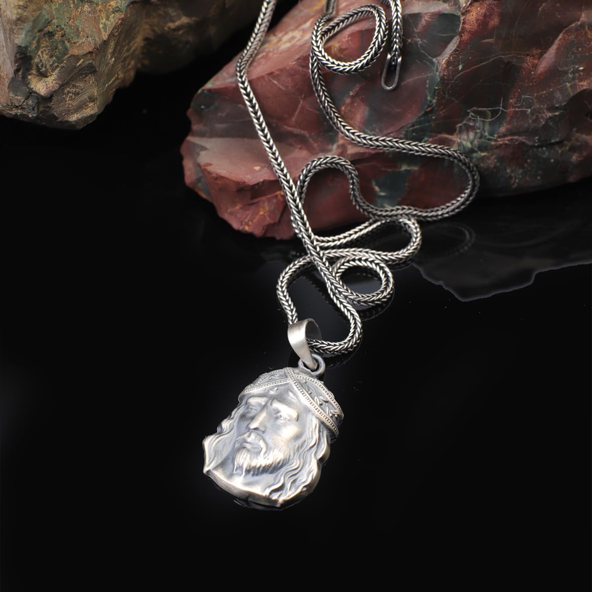 Sterling Silver Jesus Necklace – Christian Jewelry for Men – Gothic Biker Pendant with Silver Chain & Silver Cleaning Cloth Gift