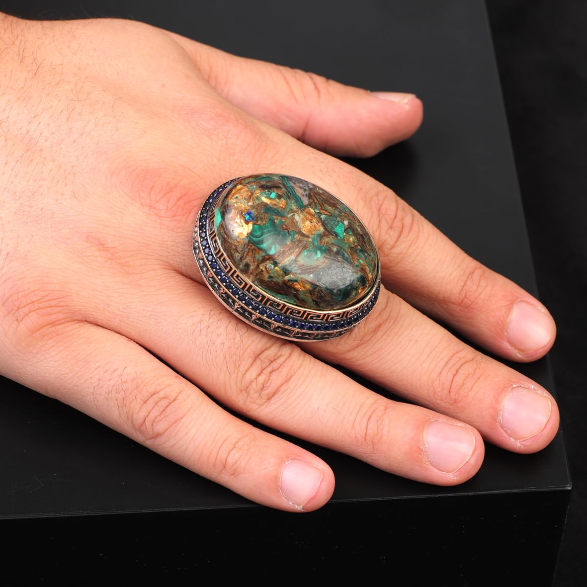 Iris Flower Model Special Turquoise Ring - Chunky Sterling Silver Engagement Ring for Men