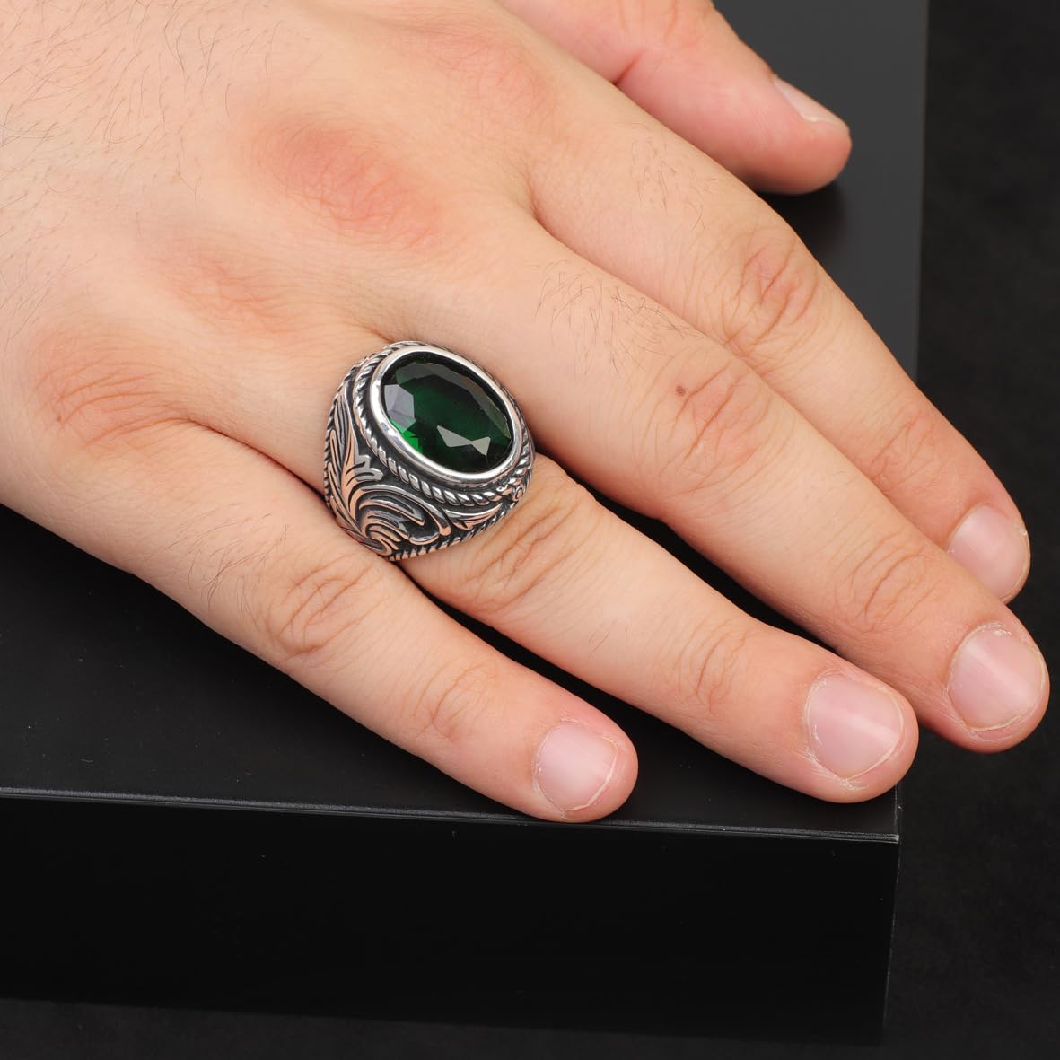 Mens Emerald Ring – Oval Ottoman Style Sterling Silver Gemstone Ring