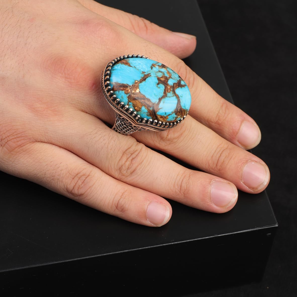 Special Turquoise Men’s Ring with Large Oval Stone – Vintage 925 Sterling Silver Ring