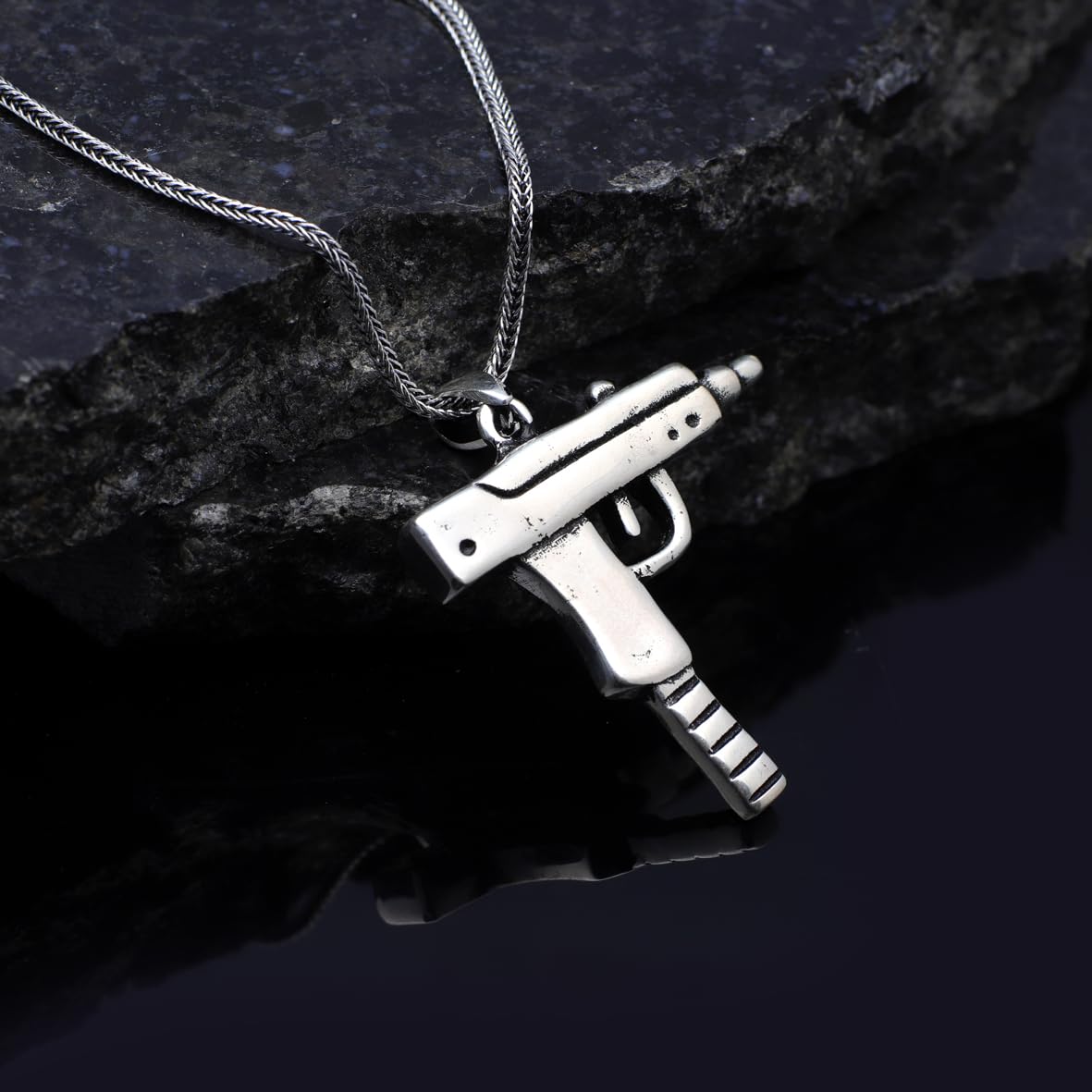 Mens Silver Chain Necklace with Uzi Gun Pendant - Stylish Sterling Silver Gun Necklace for Men - Birthday Gifts