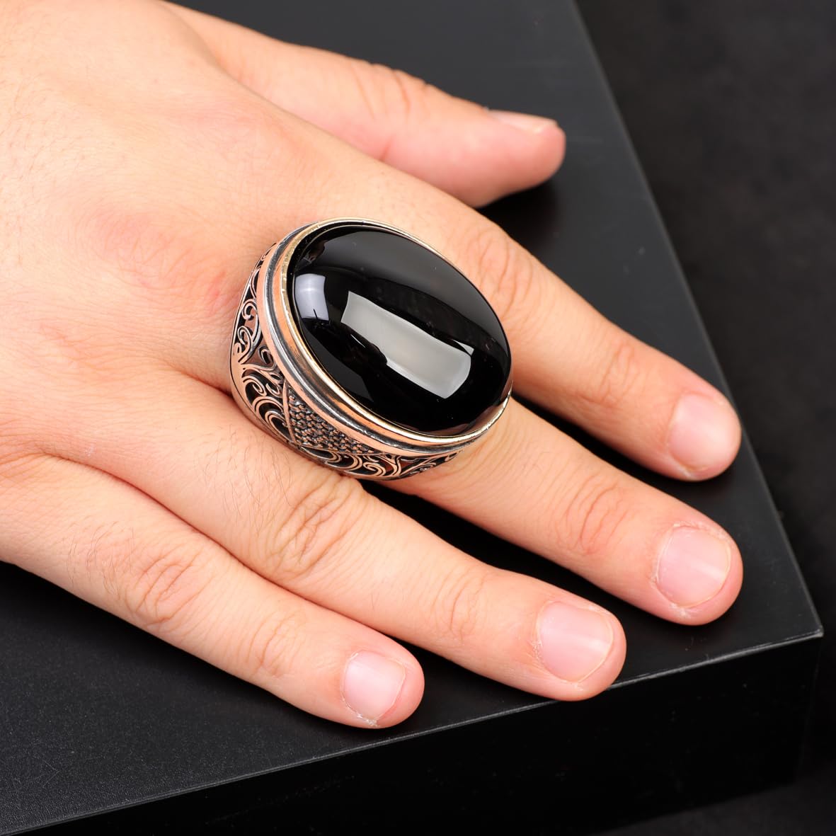 Men's Black Onyx and Micro Sapphire Chunky Sterling Silver Ring