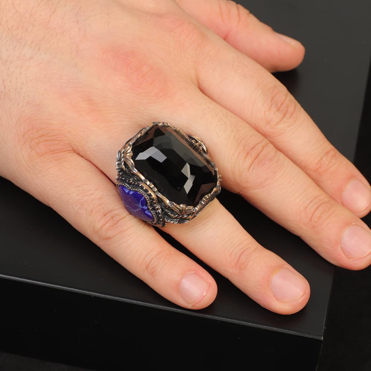 Onyx Lapis Lazuli Large Statement Whiskey Barrel Chunky Silver Ottoman Vintage 925 Sterling Promise Engagement Gemstone Ring Gift for Husband